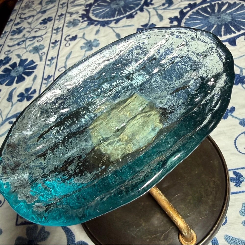 VTG  Art nouveau Brass Ornate Stand with Blue Glass & Elephant MCM Soap Dish EUC